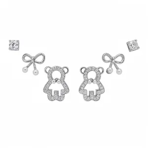 Exquisite set of silver zircon earrings with cute bowknot and bear shaped designs