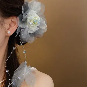 Elegant gray and white floral hair clip with pearl tassel and lace detail for women