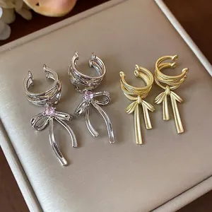 Elegant zircon bow ear cuffs in gold and silver finish, non-piercing fashion jewelry