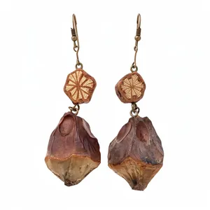 Exquisite handmade vintage wooden drop earrings with natural seed pendants on white
