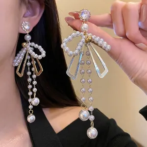 French Vintage Bowknot Tassel Earrings For Women Elegant Gold Alloy Artificial Pearl Rhinestone Inlaid Jewelry With Silver Earring Post