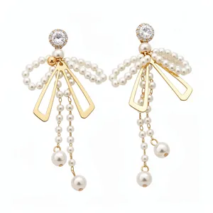 Elegant French style pearl bow-knot tassel earrings with sparkling cubic zirconia studs