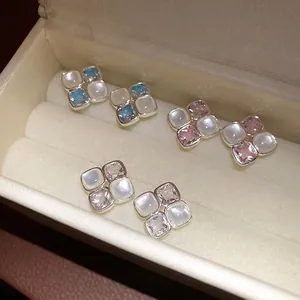 Vintage Fashion Square Geometric Stud Earrings For Women With Silver Earring Post Resin Zirconia Inlaid Luxury Jewelry