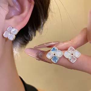 Elegant square zircon stud earrings with silver needle and resin stones for women