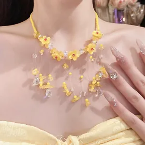 Collana Con Nappe a Fiori in Perline di Resina Gialla Dolce per Donna Catena da Clavicola Con Frange in Cristallo Gioielli Pastorali