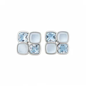 Elegant light blue zircon and resin square stud earrings with silver posts for women