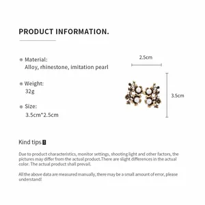 Vintage flower stud earrings with rhinestone and pearl details showing product dimensions