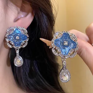 Vintage Palace Style Blue Enamel Flower Drop Earrings For Women Light Luxury Rhinestone Inlaid Water Drop Pendant Ear Jewelry