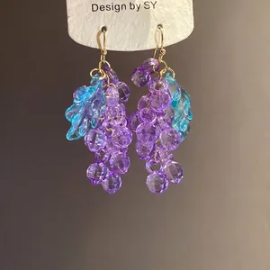 Korean style purple acrylic grape dangle earrings with blue leaves and gold hooks