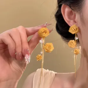 Elegant Copper Rose Flower Long Tassel Earrings With 925 Sterling Silver Earring Post Gold Rhinestone Dangle Earrings For Women