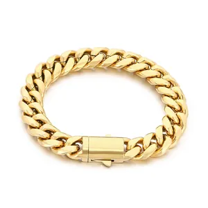 Bracciale a maglie cubane lucido placcato oro con chiusura a scatola sicura per unisex