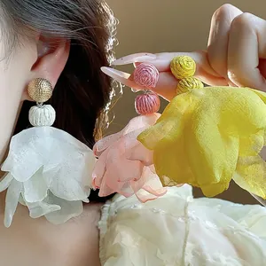 Bohemian Chiffon Flower Tassel Earrings For Women 925 Sterling Silver Earring Post Handmade Artificial Pearl Raffia Jewelry