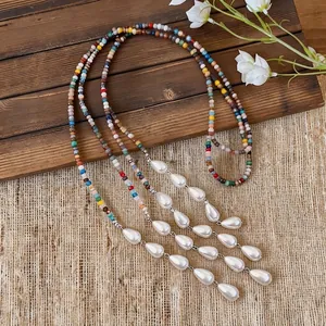 Vintage ethnic style colorful beaded necklace with multiple pearl teardrop pendants