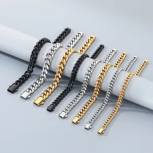 Vista dettagliata di bracciali a catena cubana in varie larghezze e finiture metalliche.