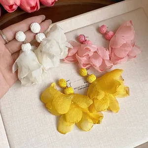 Large handmade chiffon flower tassel earrings in white pink and yellow bohemian style