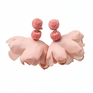 Bohemian pink chiffon flower tassel drop earrings with silver needle for women