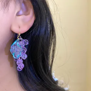 Detailed view of elegant purple acrylic grape cluster earrings with a leaf pendant