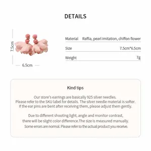 Detailed specifications for pink chiffon flower tassel earrings with 925 silver needle.