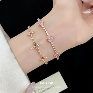 Elegant zircon clover and flower adjustable bracelets for women with shimmering pink stones
