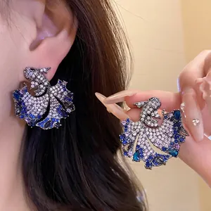 Vintage Luxury Koi Fish Stud Earrings With Zirconia Inlaid Copper Blue Purple Carp Earrings Silver Earring Post For Women Jewelry