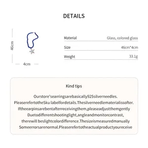 Product details showing dimensions and glass material for blue beaded starfish necklace