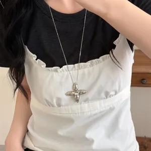 Korean style silver-toned cross star pendant necklace with quilted texture for women