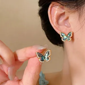 18K Gold Plated Butterfly Stud Earrings with Zirconia Inlay 925 Sterling Silver Post Vintage Jewelry For Women Gift