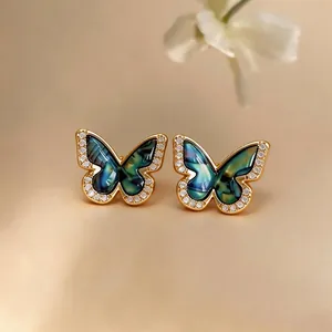 18k gold plated butterfly stud earrings with sparkling zircon and marbled inlay