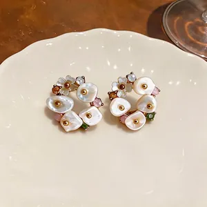 French vintage floral pearl stud earrings with silver needles and colorful crystals