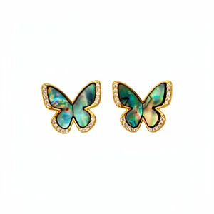 Elegant 18k gold plated butterfly stud earrings with iridescent shell and zircons