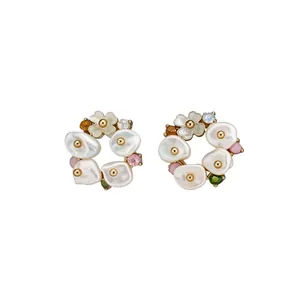 French vintage floral stud earrings with pearls and multicolored gemstones on gold-plated base