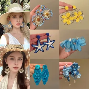 Summer Vacation Style Chiffon Flower Starfish Stud Earrings Handmade Fabric Floral Earrings Fashion Jewelry For Women With Silver Needle Post