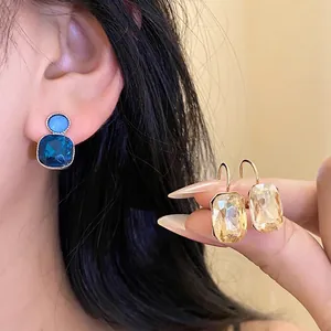Luxury Copper Rhinestone Square Drop Earrings With Silver Earring Post Geometric Crystal Earrings For Women Daily Fashion Accessory