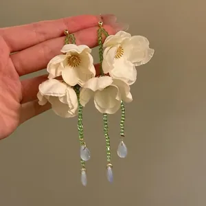 Elegant white chiffon flower drop earrings with green beads for summer vacation