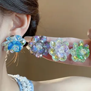 Vibrant multi-color crystal flower stud earrings featuring elegant summer floral design.