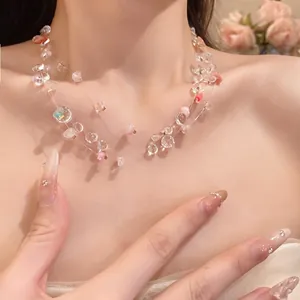 Multi-layer Acrylic Beaded Pendant Necklace Retro Minimalist Pink Irregular Beads Clavicle Chain Jewelry Gift For Women