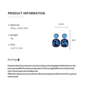 Detailed specification of blue square crystal drop earrings with precise dimensions.