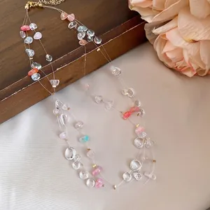 Elegant multilayer acrylic beaded necklace featuring colorful stones on transparent cord