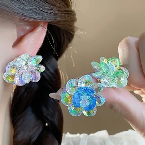 Crystal glass flower stud earrings with colorful petals for women's summer jewelry