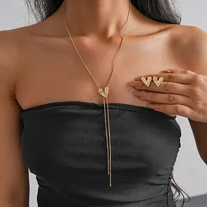 European Metal Style Wrinkled Heart Lariat Necklace Gold Silver Color Tassel Copper Zirconia Pendant Long Sweater Chain Jewelry Set