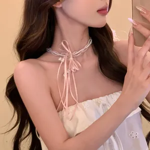 Sweet Pink Ribbon Bow Artificial Pearl Necklace Multi Layer Beaded Choker Lily Valley Flower Pendant For Women Fashion Jewelry