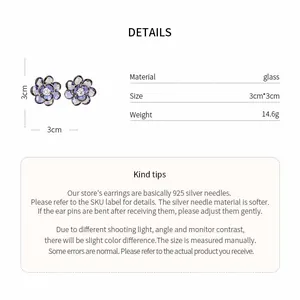 Detail view of purple glass flower stud earrings with 3cm dimensions and weight info