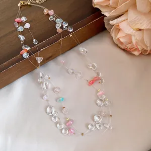 Detailed view of a multi-layer necklace featuring colorful translucent acrylic beads