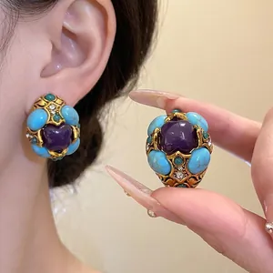 Vintage Palace Style Oval Stud Earrings Alloy Resin Rhinestone Inlaid Gold Blue Purple Luxury 925 Sterling Silver Post