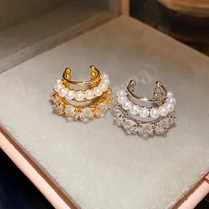 Elegant double-layered zircon and pearl ear cuffs in gold and silver finish