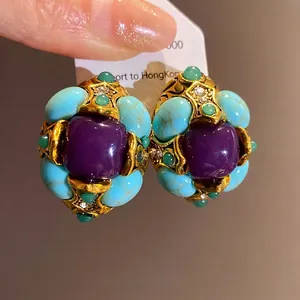 Luxury vintage court style oval earrings with purple resin and turquoise stones