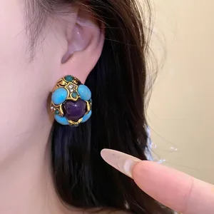 Vintage court style earrings with purple heart resin and turquoise stones for women