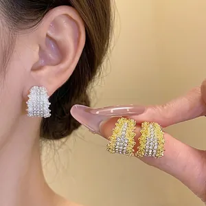 Minimalist C-Shaped Stud Earrings With 925 Sterling Silver Earring Post Alloy Rhinestone Inlaid Hoop Earrings For Women Fashion Jewelry