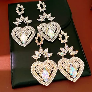 Palace Style Exaggerated Heart Flower Drop Earrings For Women Elegant Copper Rhinestone Inlaid Jewelry With Silver Earring Post Wedding Party Accessories
