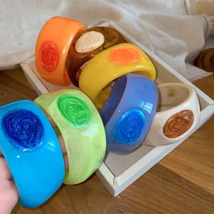 European Style Marbling Texture Resin Bangle For Women Enamel Drip Oil Round Wide Bracelet Fashion Geometric Hand Jewelry